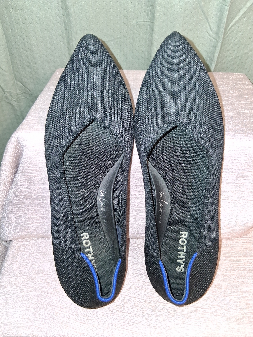 Rothy's Black Pointed Knit Flats with Blue Trim